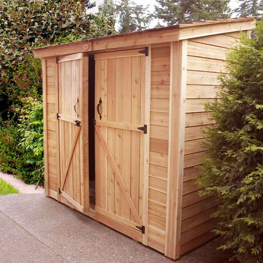 Double Door Cedar Roof Outdoor Living Today 8×4 SpaceSaver Lean-To Cedar Shed shows one cedar sliding door slightly ajar