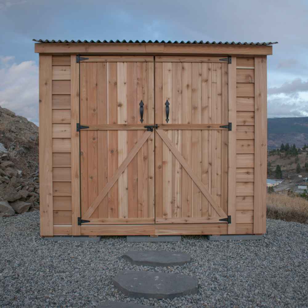 Double Door Metal Roof Outdoor Living Today 8×4 SpaceSaver Lean-To Cedar Shed displays its front view with both sliding doors closed and a sturdy metal roof overhead