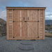 Double Door Metal Roof Outdoor Living Today 8×4 SpaceSaver Lean-To Cedar Shed displays its front view with both sliding doors closed and a sturdy metal roof overhead