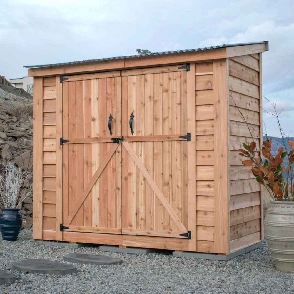 Double Door Metal Roof Outdoor Living Today 8×4 SpaceSaver Lean-To Cedar Shed features wide sliding cedar doors and a corrugated metal roof