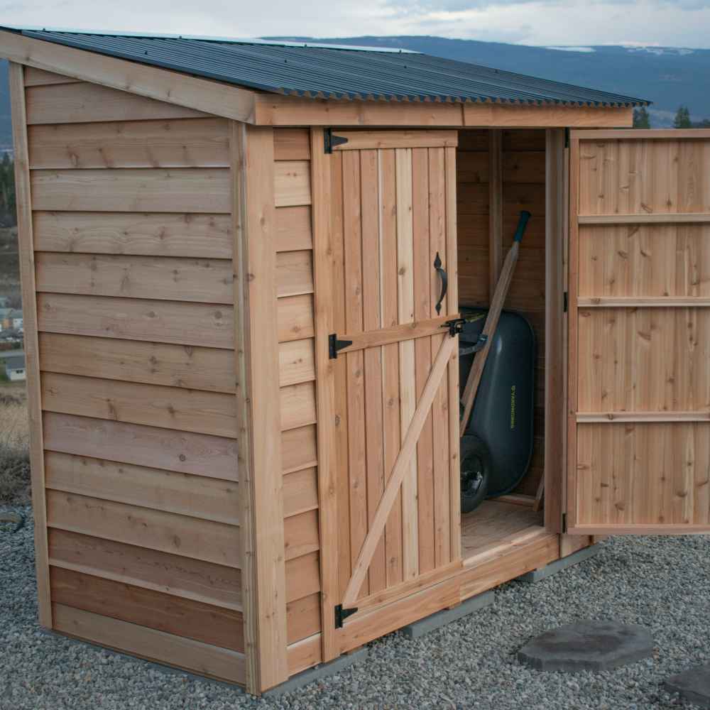 Double Door Metal Roof Outdoor Living Today 8×4 SpaceSaver Lean-To Cedar Shed has one sliding door open