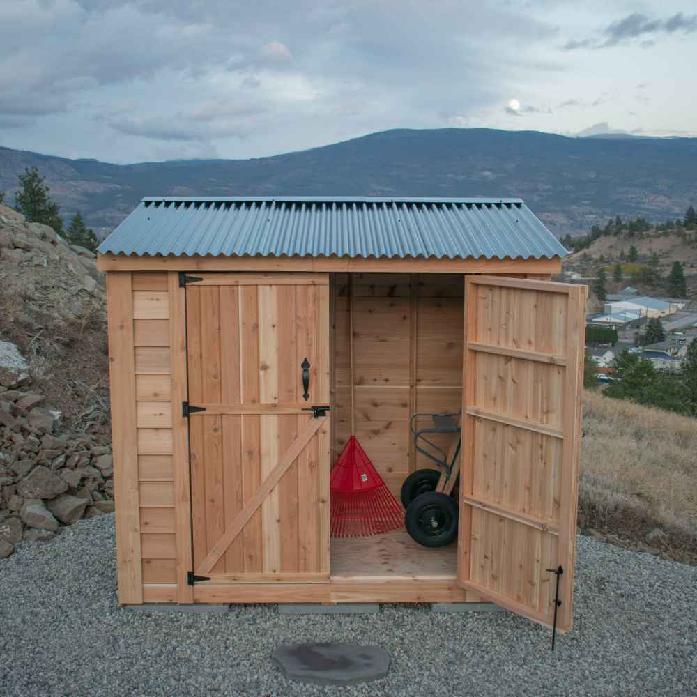 Double Door Metal Roof Outdoor Living Today 8×4 SpaceSaver Lean-To Cedar Shed shows both sliding doors wide open