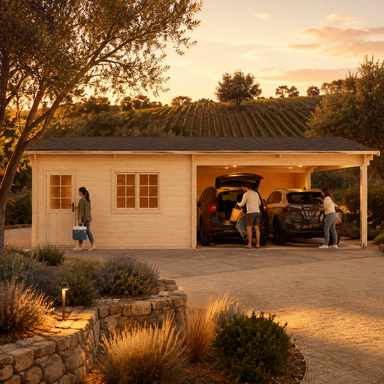 Double Carport Erki 44 at golden hour in California wine country as adults unload vehicles and remove a bicycle.