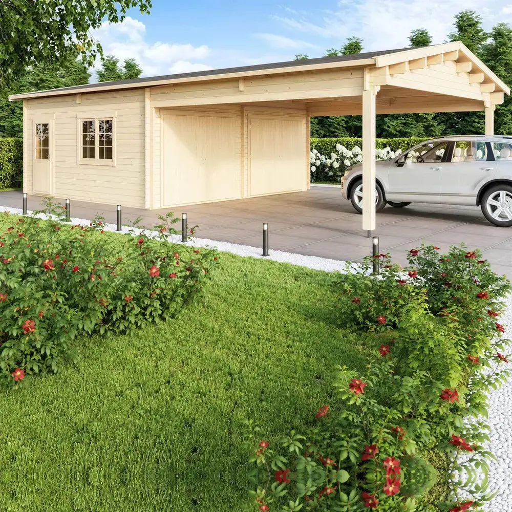 GardenHouse24 USA Double Garage and Carport Erki 70 Garden Room features a silver SUV parked under the wooden carport near a landscaped garden