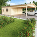GardenHouse24 USA Double Garage and Carport Erki 70 Garden Room features a silver SUV parked under the wooden carport near a landscaped garden