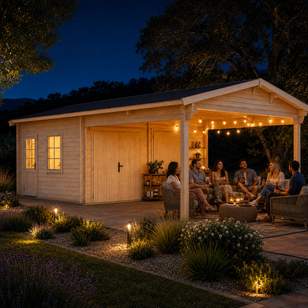 Double Garage and Carport Erki 70 illuminated at night as adults sit in a circle, enjoying beers and conversation.