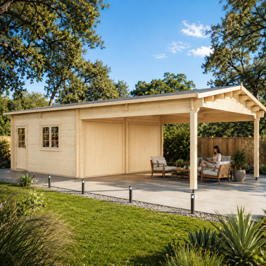 Double Garage and Carport Erki 70 transformed into an upscale California backyard office on a bright sunny afternoon.