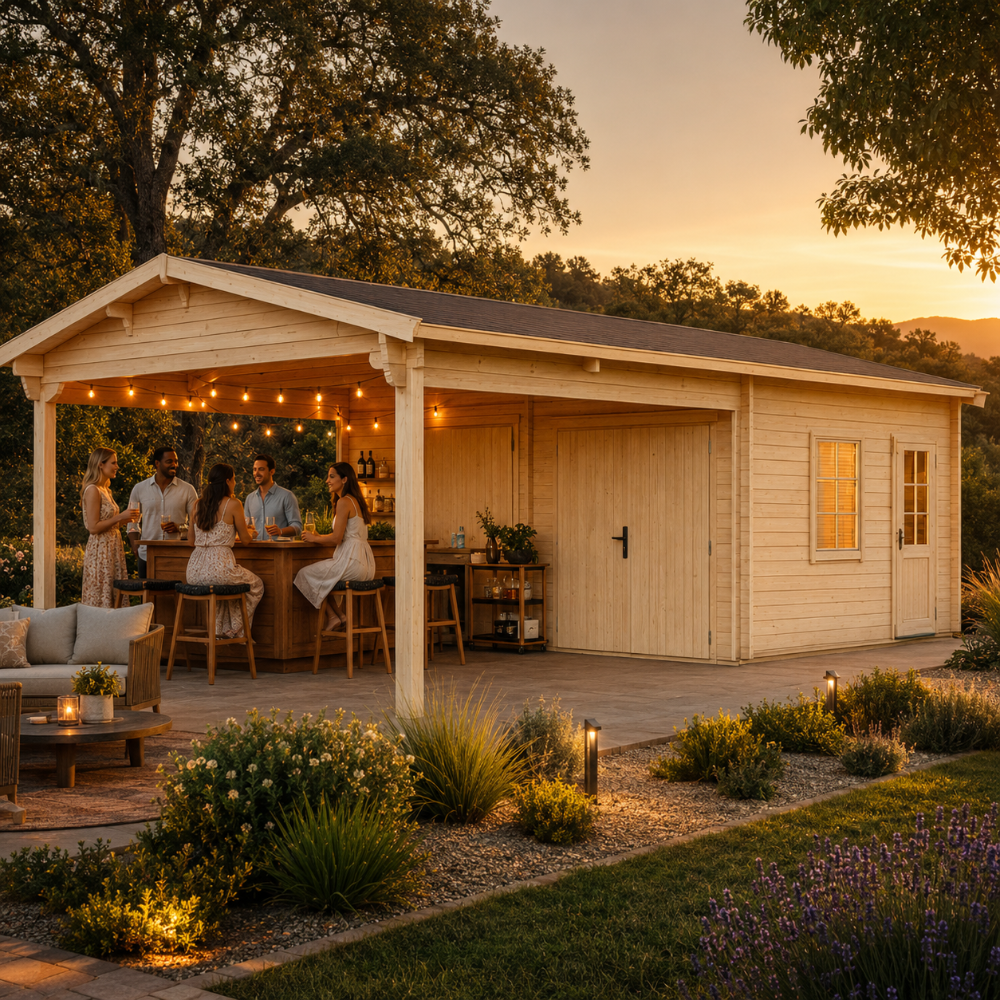 Double Garage and Carport Erki 70 featuring an elegant covered entertainment bar with adults socializing during golden hour.