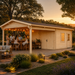 Double Garage and Carport Erki 70 featuring an elegant covered entertainment bar with adults socializing during golden hour.