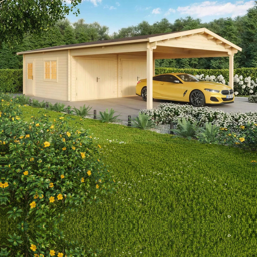 GardenHouse24 USA Double Garage and Carport Erki 70 Garden Room displays a yellow sports car parked in the carport beside the double garage