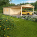 GardenHouse24 USA Double Garage and Carport Erki 70 Garden Room displays a yellow sports car parked in the carport beside the double garage
