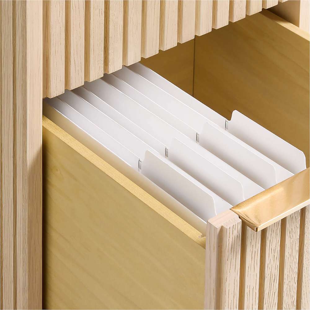 Drawer of Crate & Barrel Batten 62" White Oak Wood Console Desk with White Marble Top featuring built-in hanging file organizers