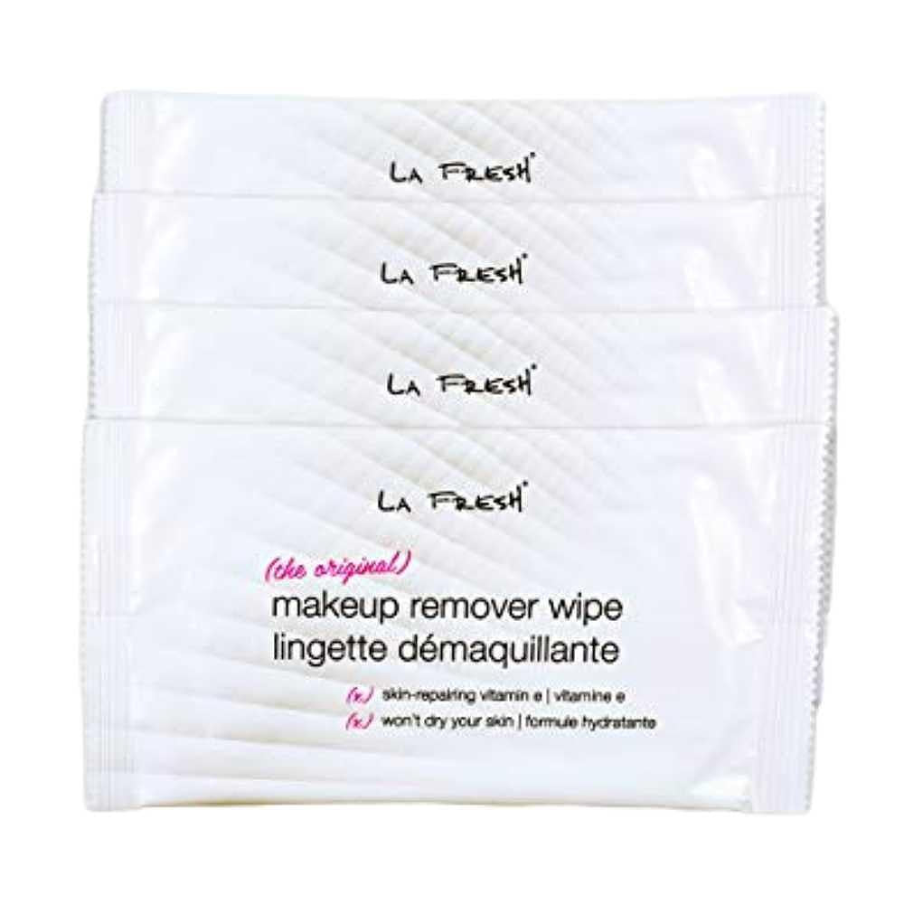 Dreampod Box of Make-Up Remover Wipes displays four individually wrapped wipes, neatly stacked, each pack labeled La Fresh with details about its skin-friendly formula