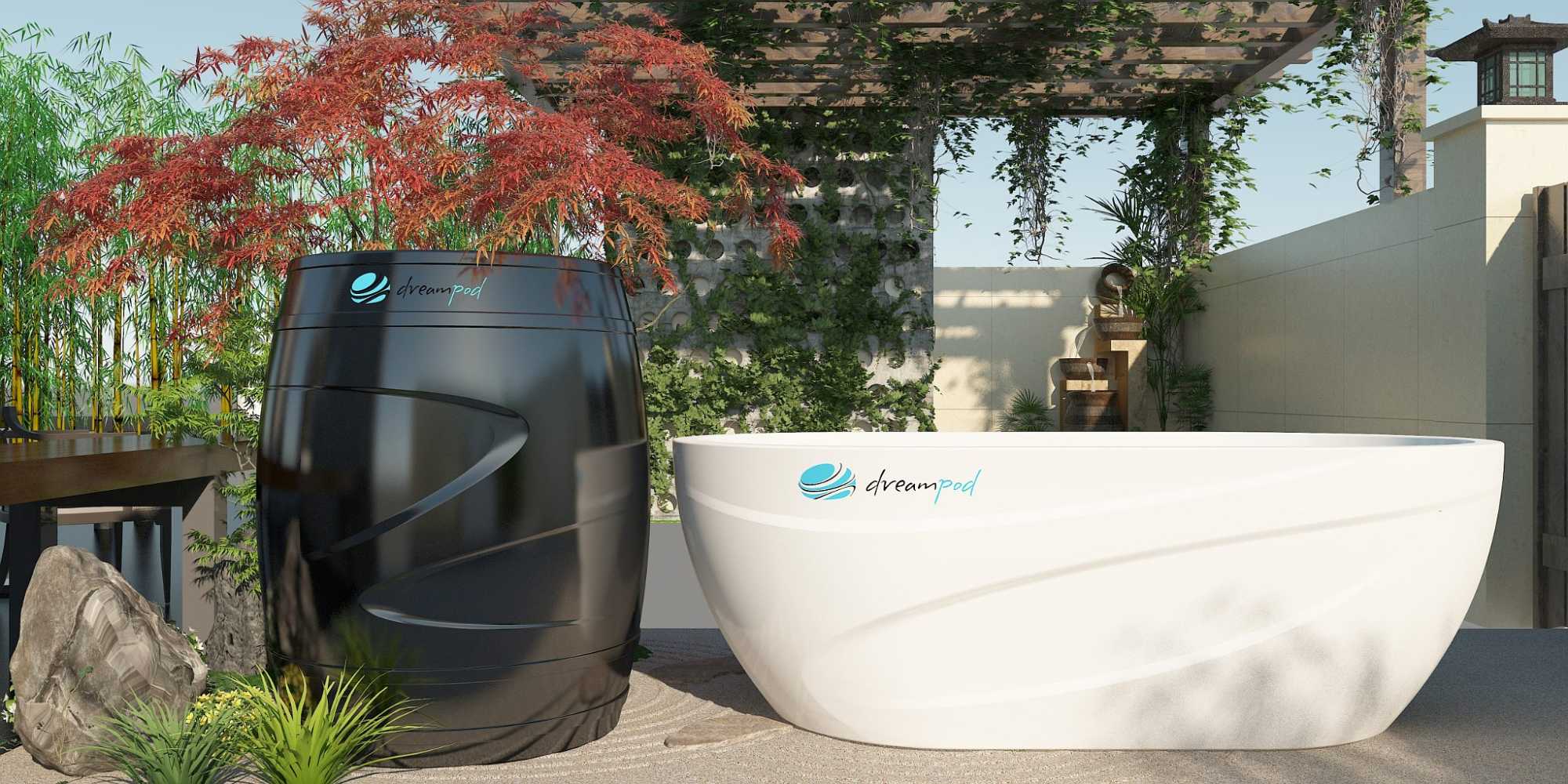 Dreampod Cold Plunge Barrel with Chiller, in a sleek black design, is paired with a white oval plunge tub in a serene outdoor setting with lush greenery