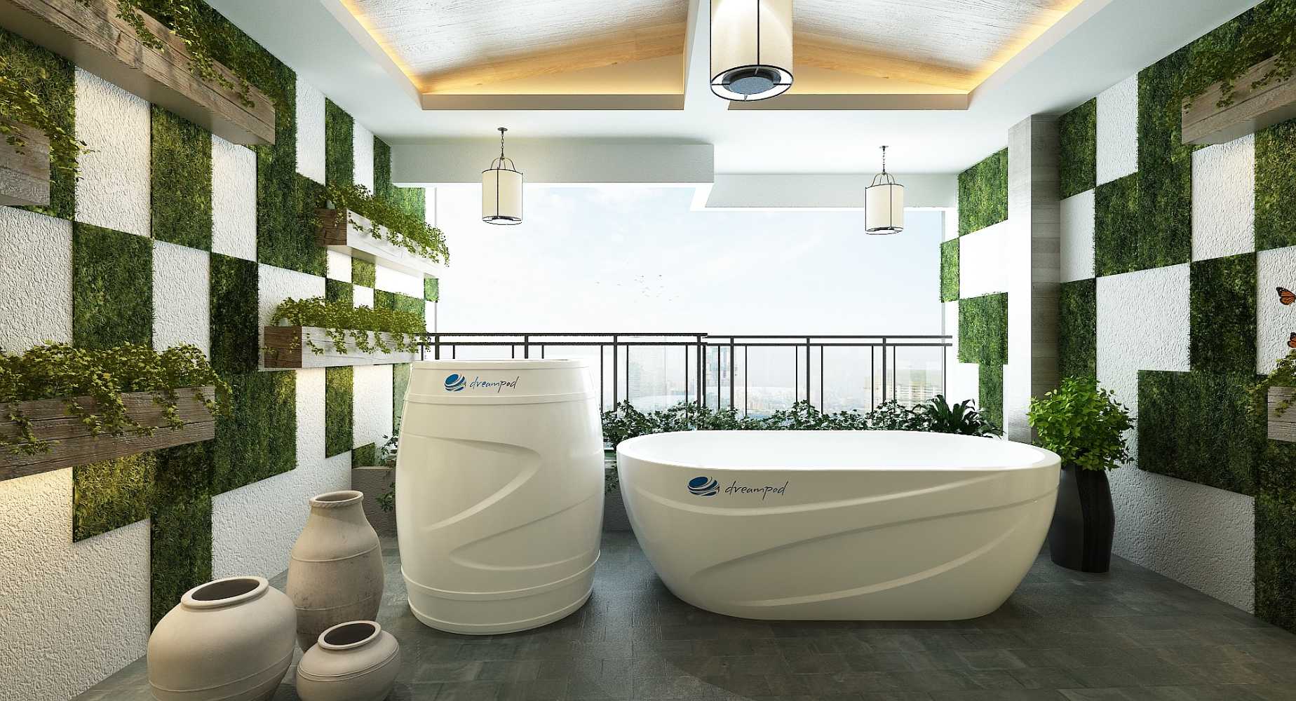 Dreampod Cold Plunge Barrel with Chiller in white sits beside an oval cold plunge tub in a lush, greenery-filled spa room