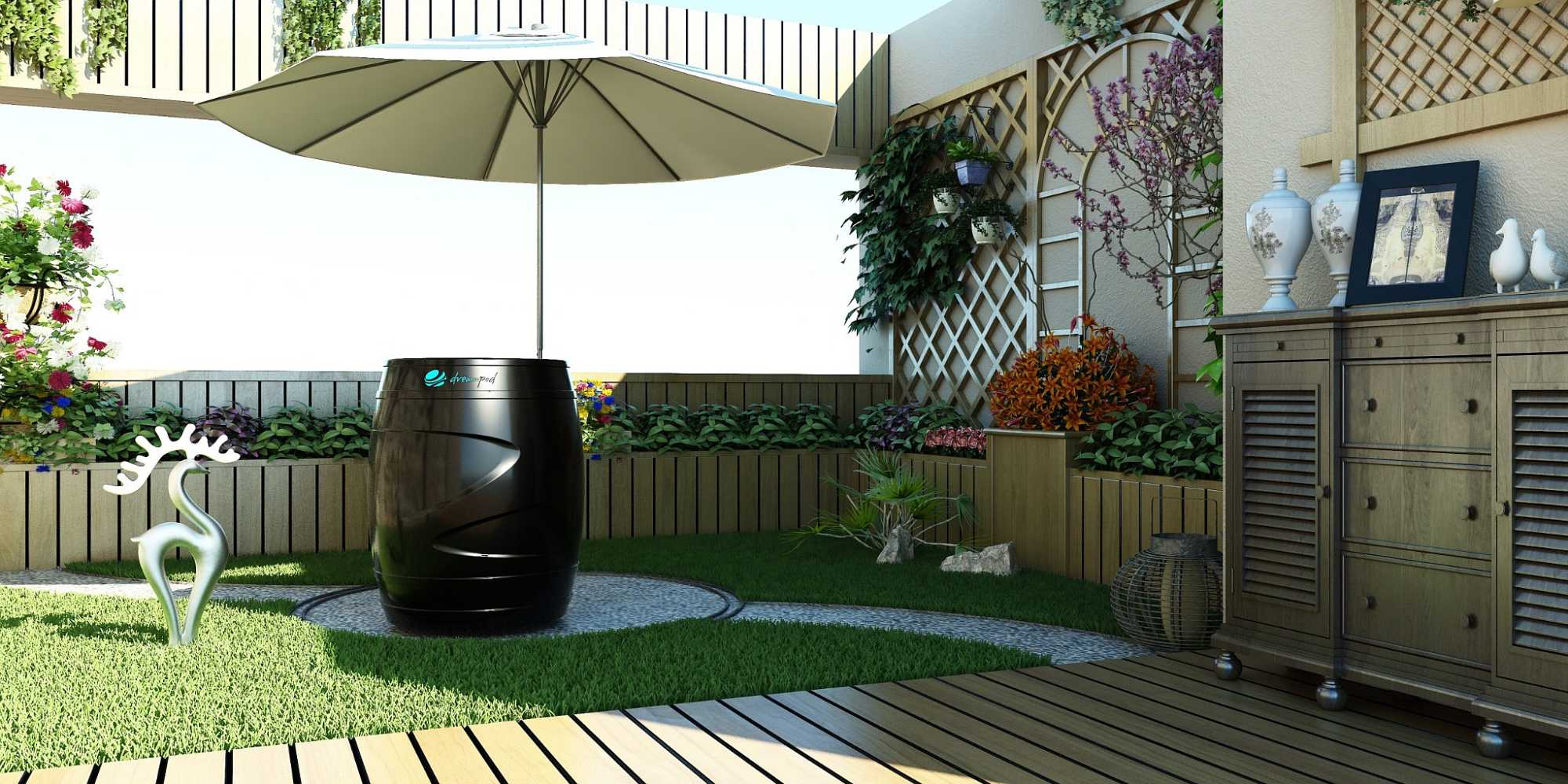 Dreampod Cold Plunge Barrel with Chiller is placed in a cozy, garden-like patio area with decorative plants, colorful flowers, and an umbrella overhead
