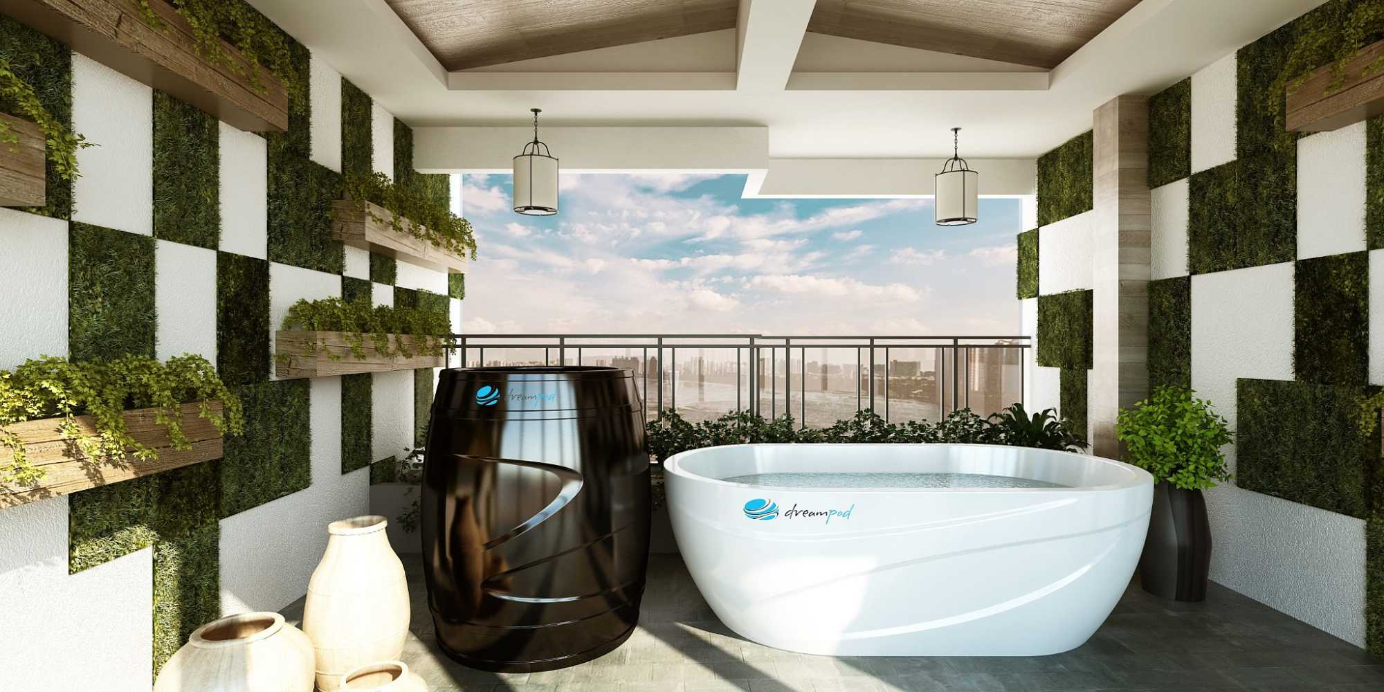 Dreampod Cold Plunge Barrel with Chiller sits in a modern indoor space next to a large white tub, with vibrant greenery walls