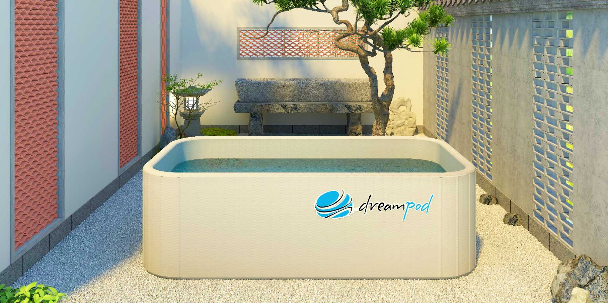 Dreampod Home Float FLEX set in a serene Japanese-inspired space with stone elements and minimalist decor for a calming ambiance