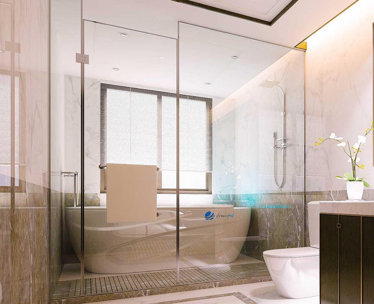 Dreampod Mineral Soaker is elegantly placed in a spa-like, marble bathroom with glass partitions