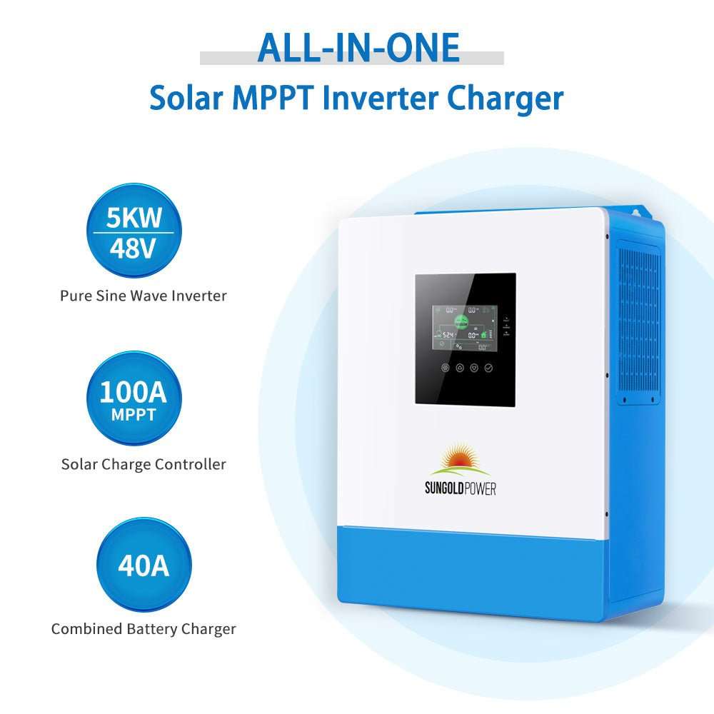 Dual 5KW inverters, lithium batteries, 415W panels, cables, and hardware are shown with Sun Gold Power 10000W 48VDC 120V/240V 20.48KWH Lithium Battery 4980W Solar Panel Off-Grid Solar Kit