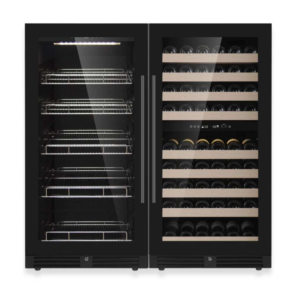 Dual-door design with beverage shelves and wine racks inside KingsBottle 47" High Wine & Beverage Refrigerator Combo with Triple Temp Zones