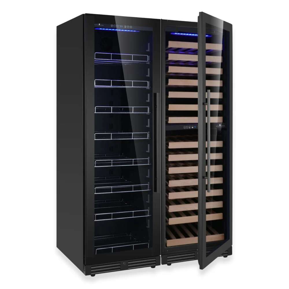 Dual glass-door units reveal wine racks and beverage shelves inside KingsBottle Upright Wine & Beverage cooler Combo With Triple Temp Zones