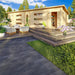 Surrounded by flowers and trees, the GardenHouse24 USA Dundee 90A Garden Room features a spacious deck, modern seating, and double glass doors