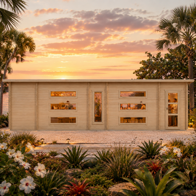 Front view of the Dundee 90A transformed into a backyard bar at golden hour, with adults socializing beside a tropical Florida coastline and lush garden.