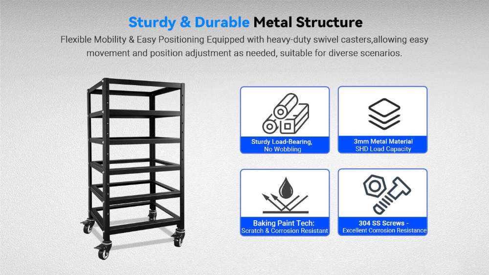 Durable Sun Gold Power 5-Layer Battery Rack with heavy-duty steel construction and locking caster wheels