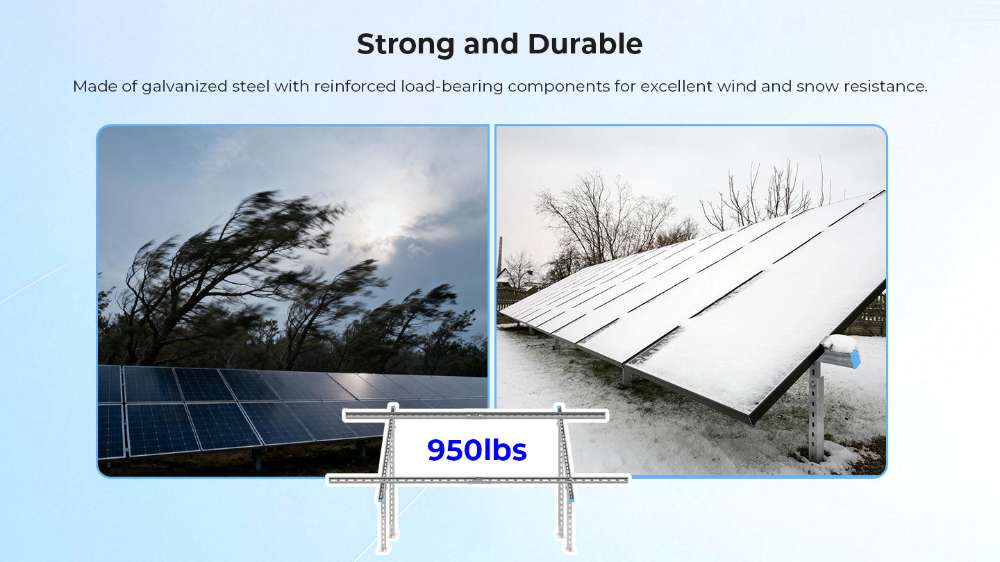 Durable Sun Gold Power Modular & Expandable Ground Mount Brackets built to withstand heavy wind, snow, and 950 lb loads