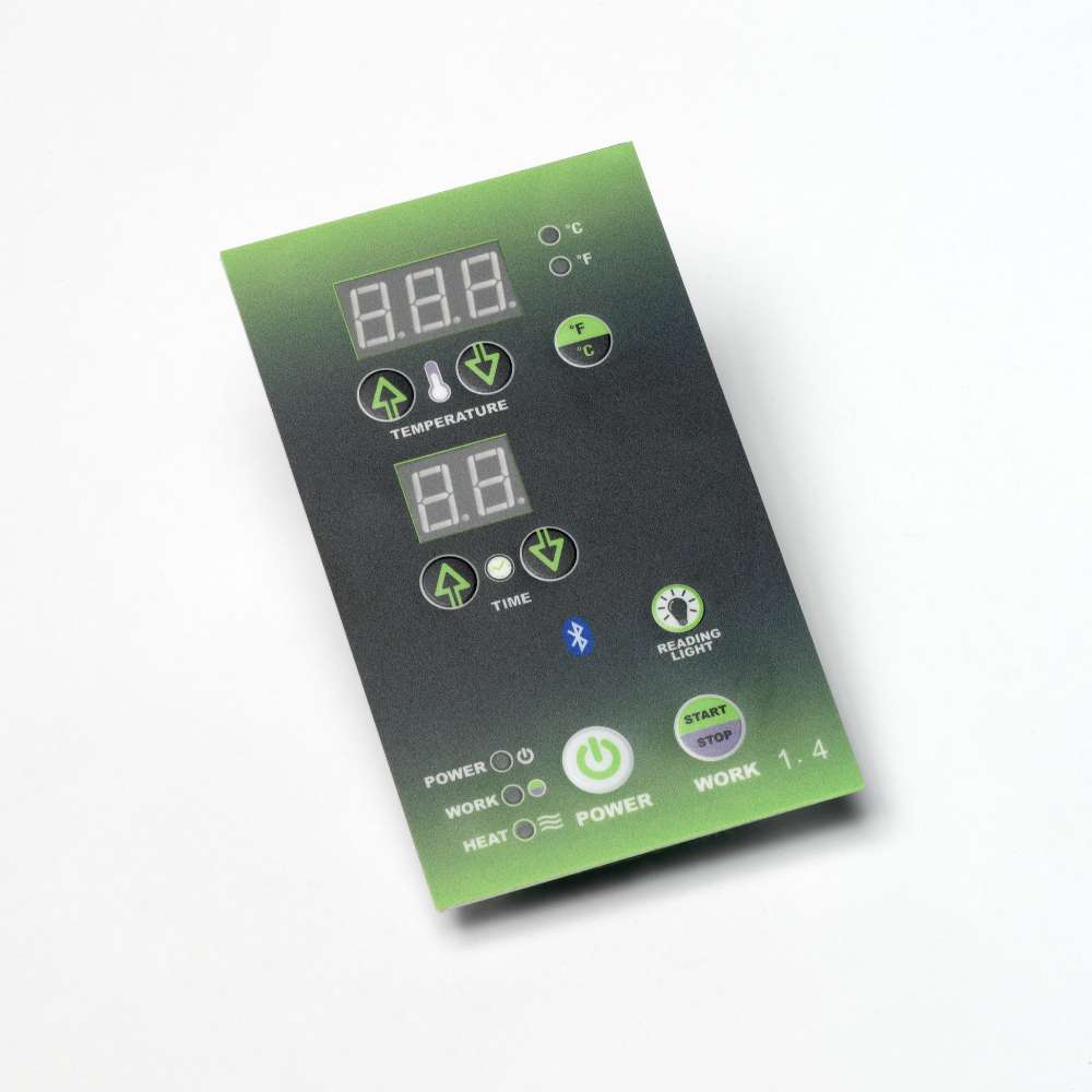 Dynamic LED control panel with green-lit buttons and temperature and timer displays for Golden Designs Dynamic Cordoba 2 Person Full Spectrum Infrared Sauna