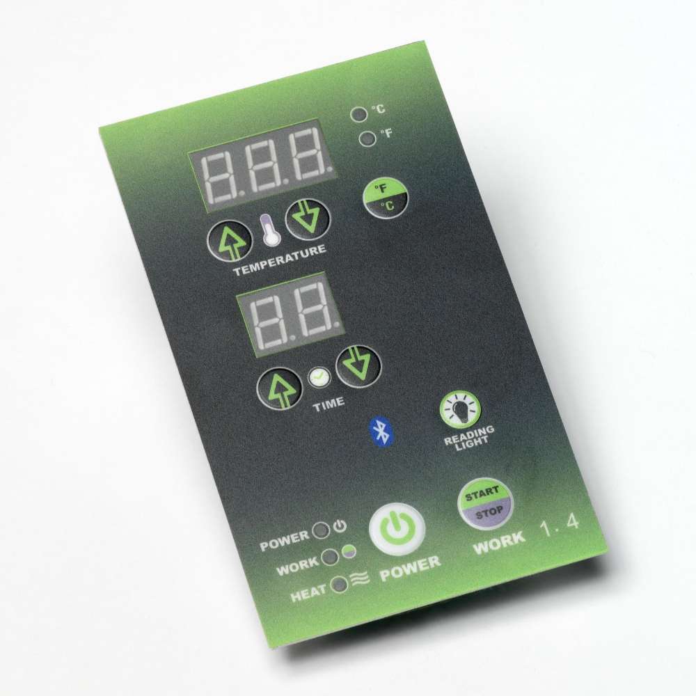 Dynamic LED control panel with green-lit buttons and temperature and timer displays for Golden Designs Dynamic Cordoba Elite 2 Person Ultra Low EMF Far Infrared Sauna