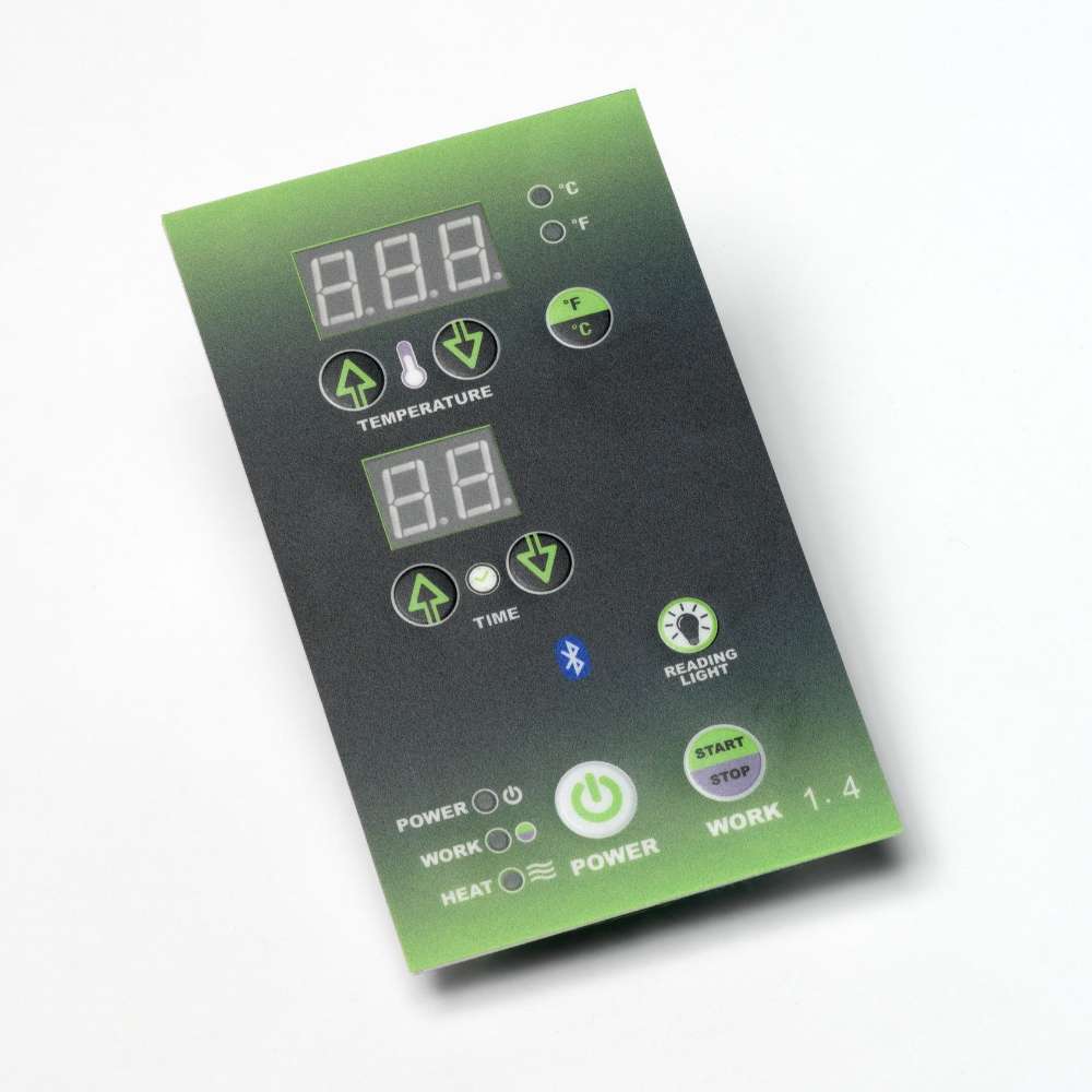 Dynamic LED control panel with green-lit buttons and temperature and timer displays for Golden Designs Dynamic Santiago 2 Person Full Spectrum Infrared Sauna