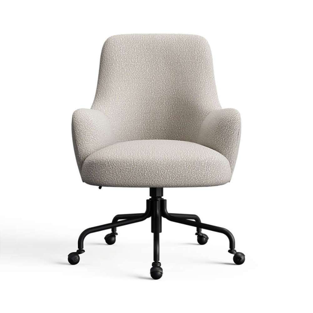 Egret Breton Boucle Crate & Barrel Bellevue Upholstered Office Chair in light egret boucle upholstery with a cushioned seat and black rolling base