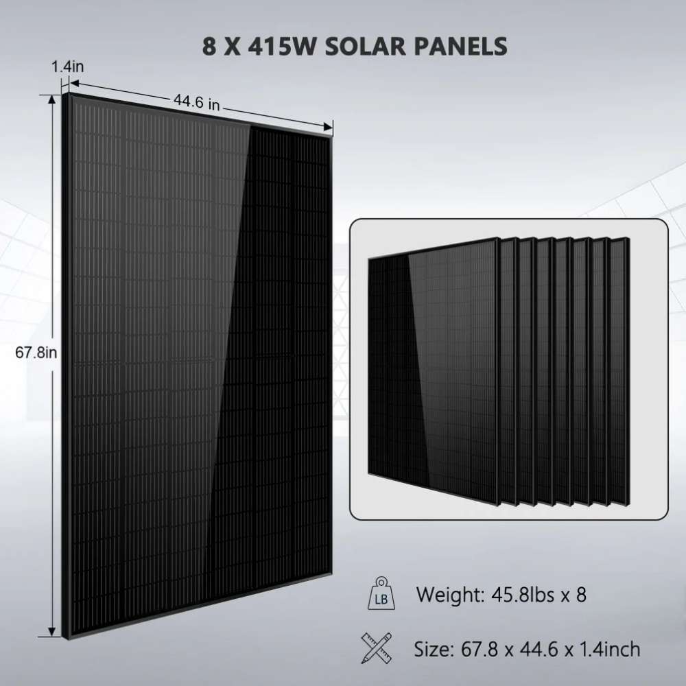 Eight 415W black solar panels with dimensions shown for Sun Gold Power 8000W 48VDC 120V/240V LiFePO4 Lithium Battery Solar Panel Off-Grid Solar Kit