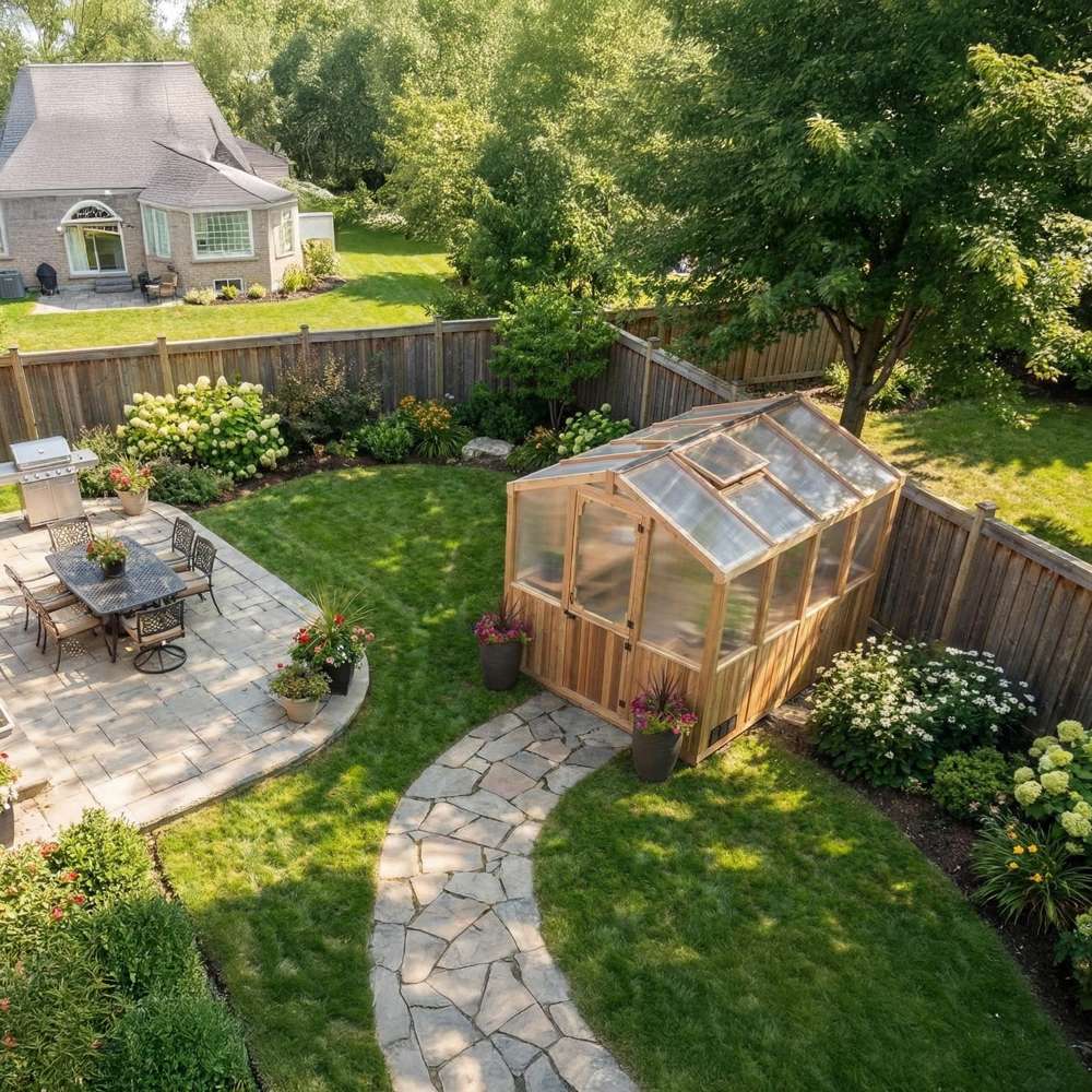 Elevated view shows the 8x8 Outdoor Living Today Western Red Cedar Greenhouse Kit placed in a backyard with curved stone paths