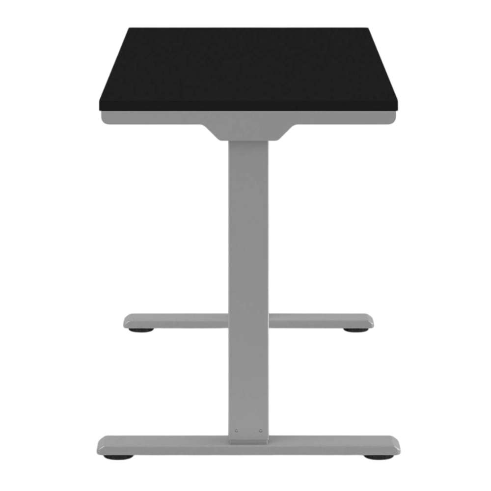 End view of Crate & Barrel Humanscale® eFloat Go 2.0 48" Black Adjustable Standing Charging Desk showing the slim desktop and stable T-shaped base