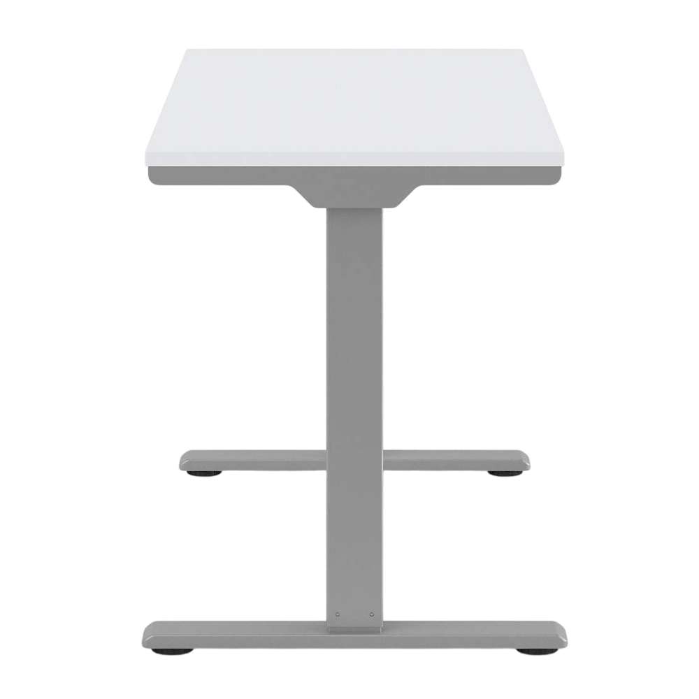 End view of Crate & Barrel Humanscale® eFloat Go 2.0 48" White Adjustable Standing Charging Desk with a white top and silver T-shaped base