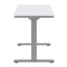 End view of Crate & Barrel Humanscale® eFloat Go 2.0 48" White Adjustable Standing Charging Desk with a white top and silver T-shaped base