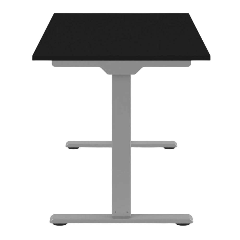 End view of Crate & Barrel Humanscale® eFloat Go 2.0 60" Black Adjustable Standing Charging Desk with a black top and silver T-shaped base