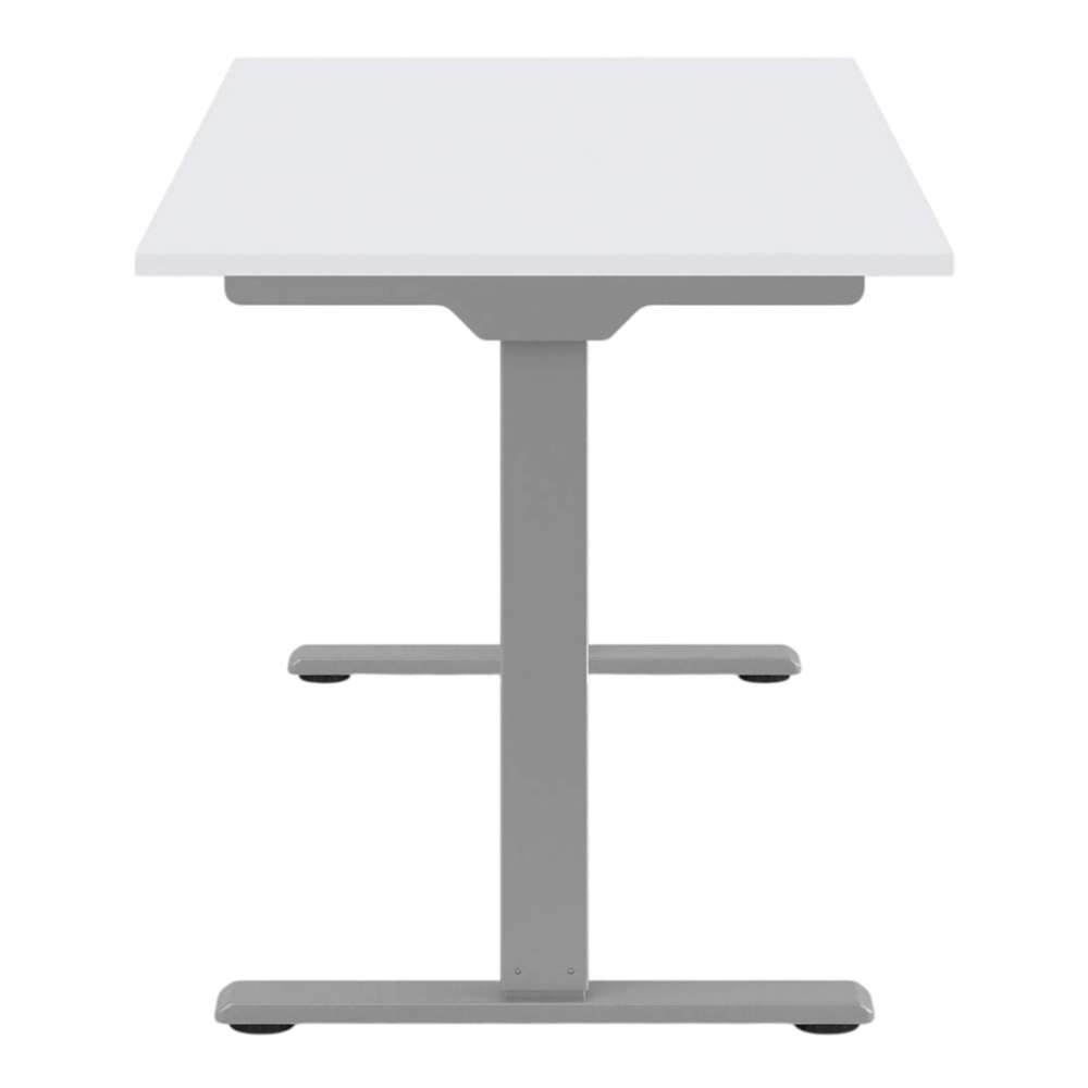 End view of Crate & Barrel Humanscale® eFloat Go 2.0 60" White Adjustable Standing Charging Desk with a white top and silver T-shaped base