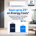 Energy cost chart for ACiQ 12000 BTU Essentials 20 SEER2 Single Zone Wall Mount Mini Split Heat Pump System compares $800 at 14 SEER2 with $616 at 17 SEER2 and claims savings of up to 23 percent