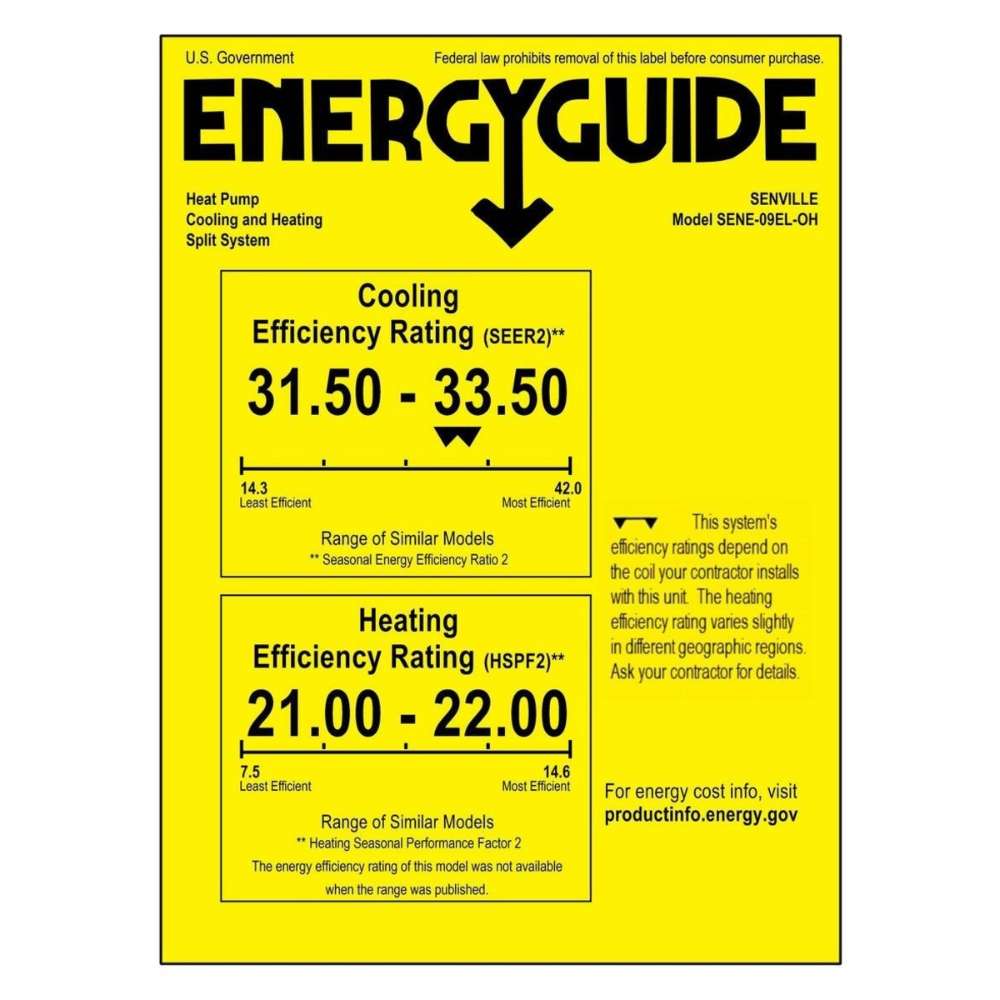 EnergyGuide label for the Senville 9000 BTU Mini Split Air Conditioner - Heat Pump - ELITE Series showing high efficiency ratings