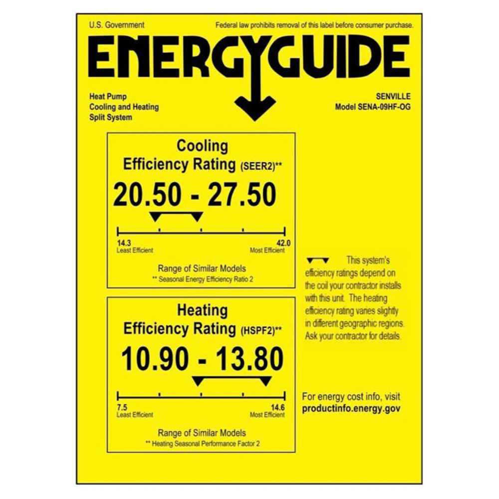 EnergyGuide label for Senville 9000 BTU Concealed Duct Air Conditioner - Heat Pump - SENA09HFID highlighting its cooling and heating efficiency ratings