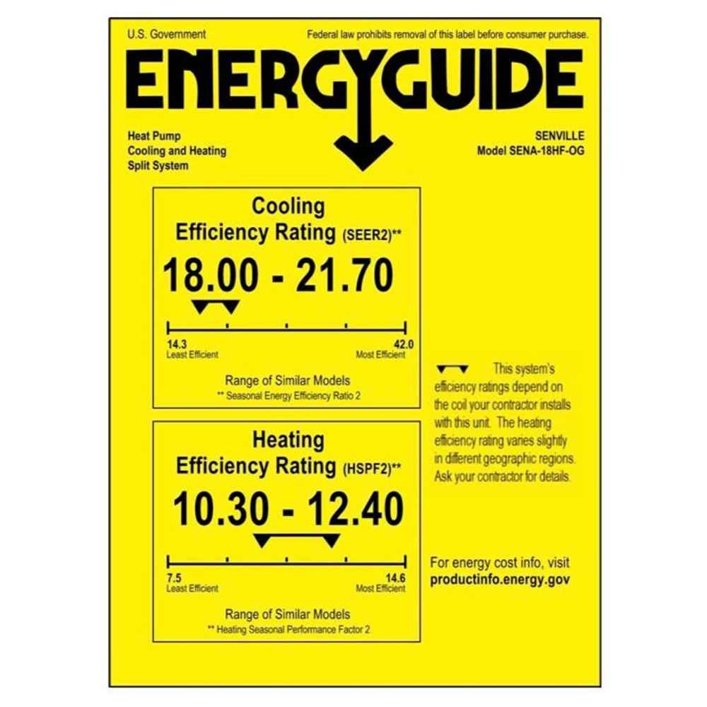 EnergyGuide label for the Senville 18000 BTU Concealed Duct Air Conditioner - Heat Pump - SENA18HFID, displaying cooling and heating efficiency ratings