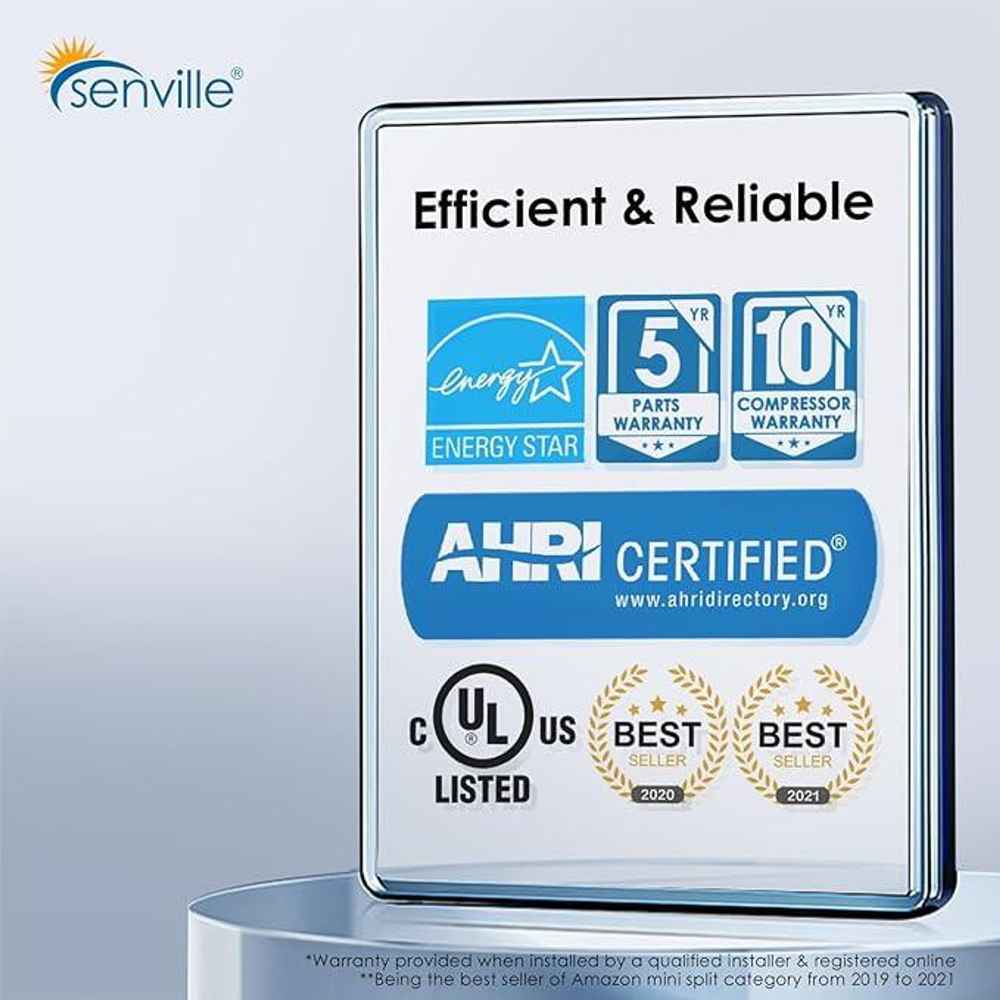 Energy certifications, best seller awards, and warranty details that prove Senville 28000 BTU Tri-Zone Mini Split Air Conditioner - Heat Pump - SENA30HFT