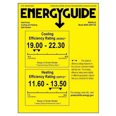 Energy guide label with cooling and heating efficiency ratings for the Senville 24000 BTU Concealed Duct Air Conditioner - Heat Pump - SENA24HFID