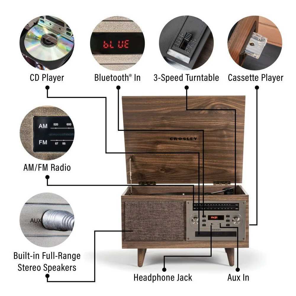 Equipped with a turntable, CD player, cassette player, Bluetooth input, AMFM radio, and aux input, the Crosley Serenade 8-In-1 Record Player - Walnut offers versatile music options
