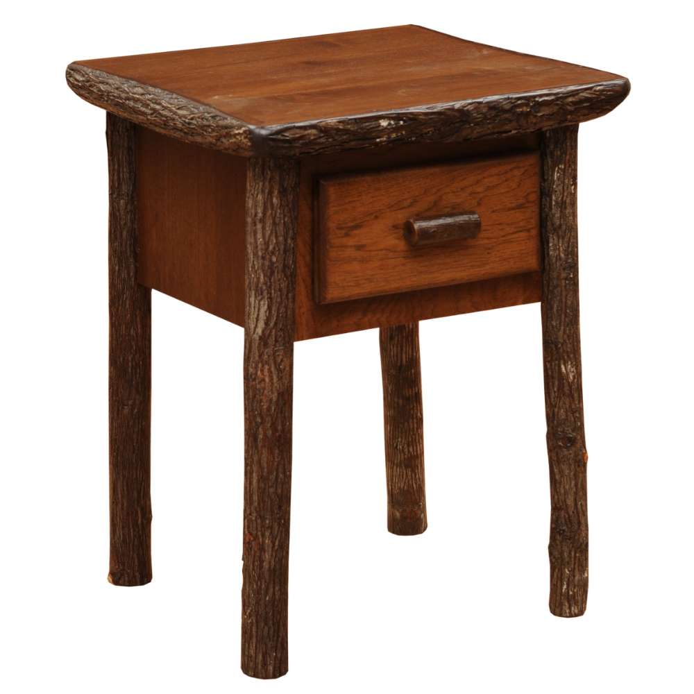 Espresso Fireside Lodge Hickory Log One Drawer Nightstand shown with dark log legs, a smooth top, and one drawer