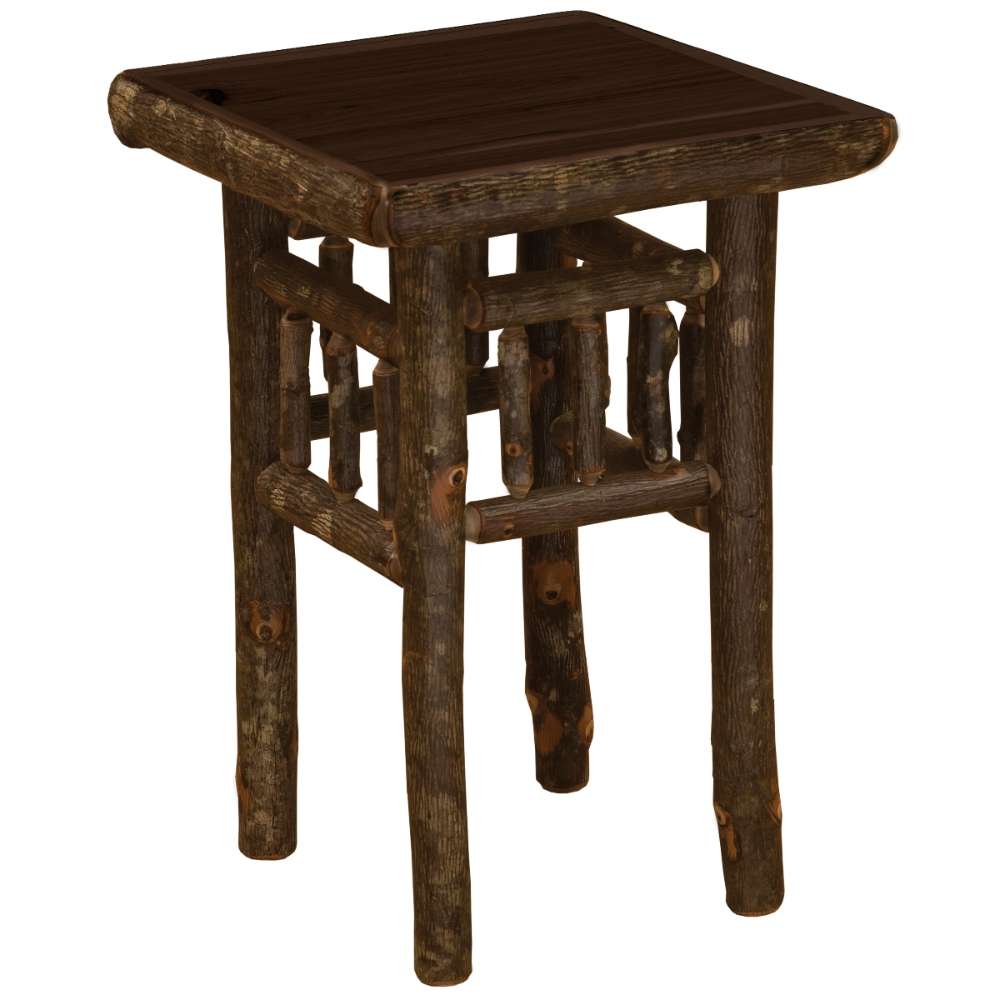 Espresso Fireside Lodge Hickory Log Open Nightstand is a dark-finished nightstand with a solid wood top and heavy log frame